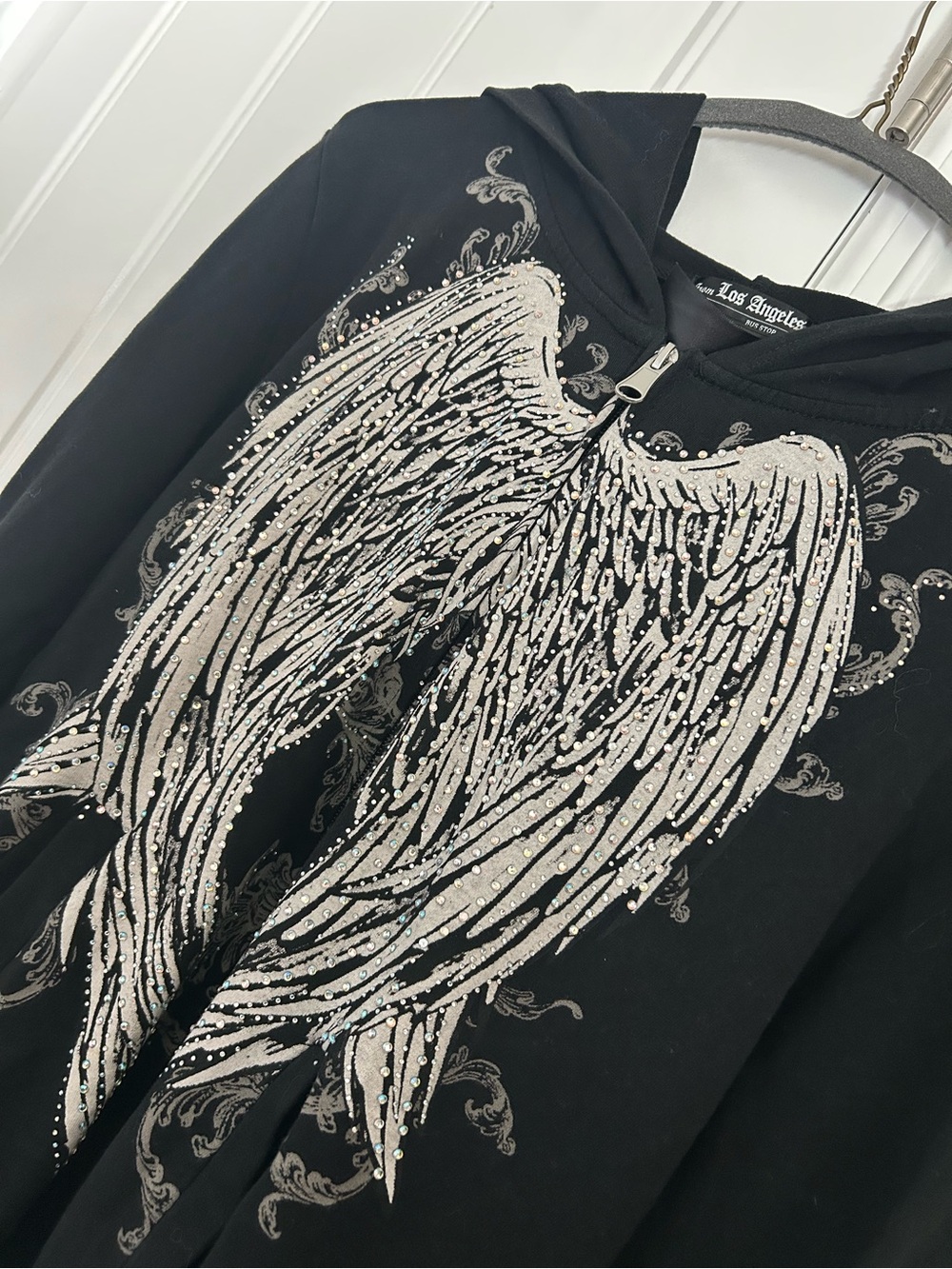 Black Zip Hoodie with White Angel Wing Graphic - Picture 2 of 4